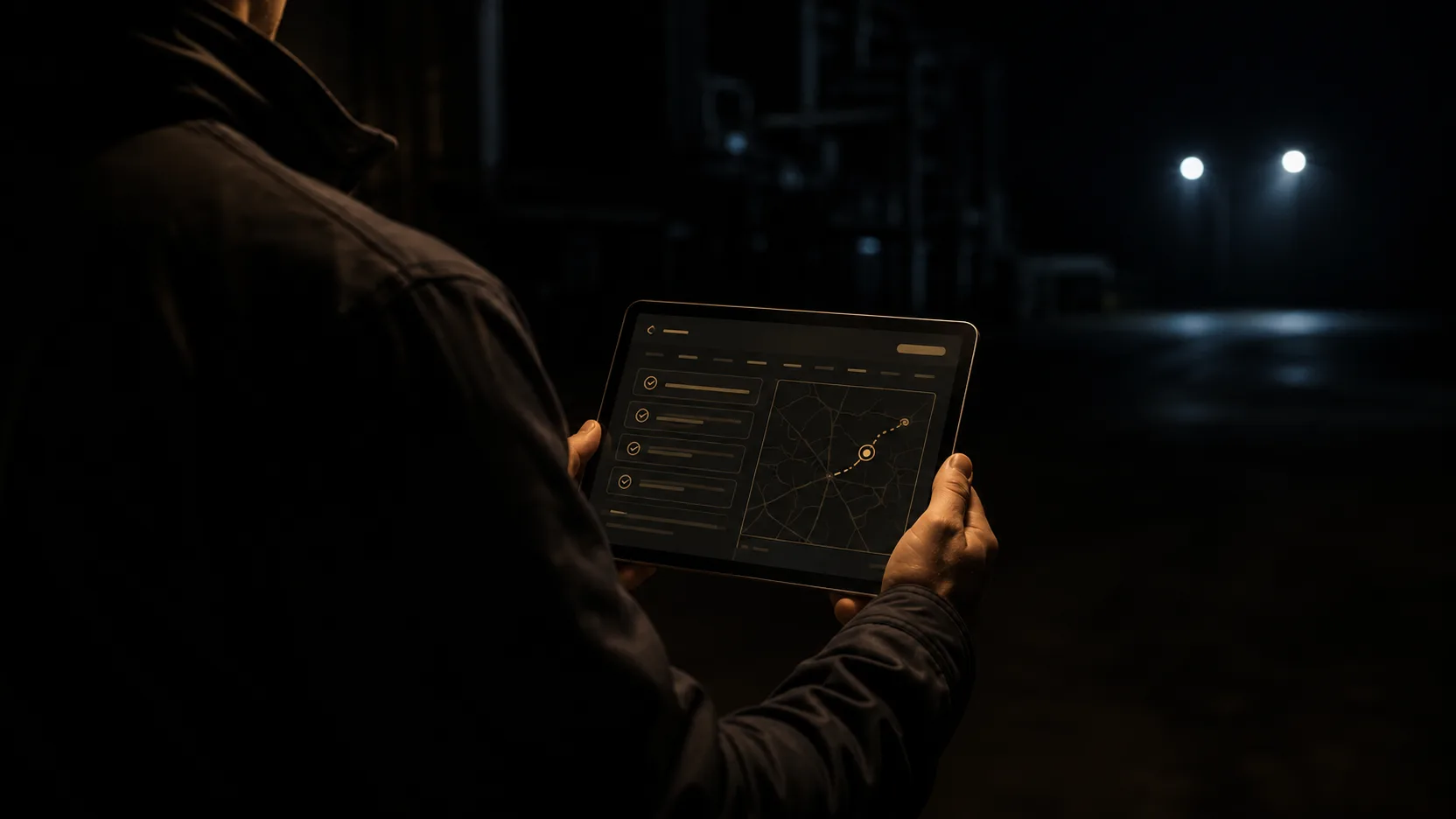 Blick über die Schulter einer Person, die bei Nacht vor einer Anlage ein Tablet hält; darauf stehen eine Liste abgehakter Schritte und daneben eine Karte mit einer hervorgehobenen Route.