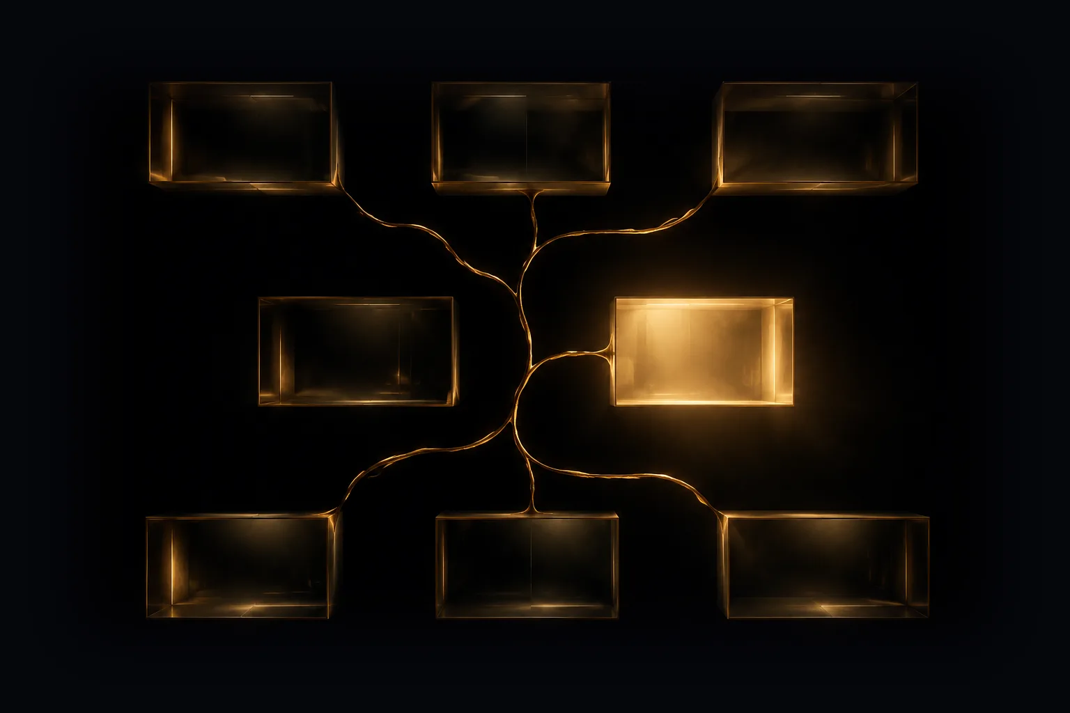 Stilisierte Darstellung: acht gläserne Felder im Raster, verbunden durch eine durchgehende goldene Linie; ein Feld leuchtet hell.
