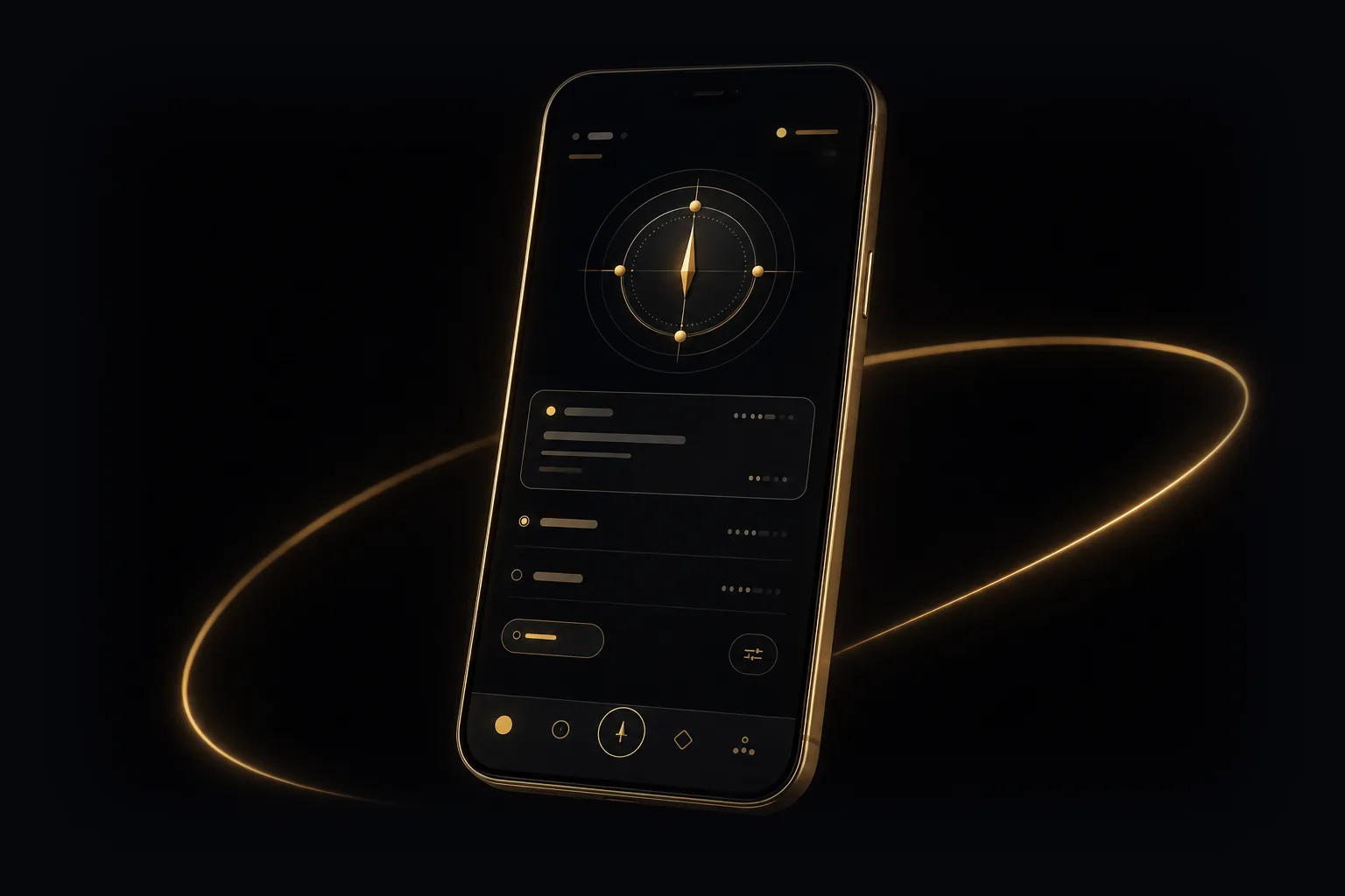 Stilisierte Darstellung der Northcore-App auf einem Handgerät: Ringinstrument über Listenzeilen, unten die Leiste mit fünf Reitern, umgeben von einem goldenen Band.