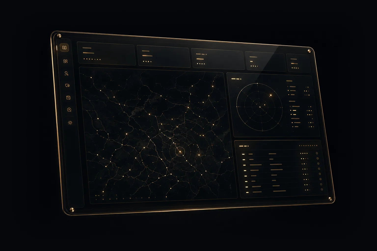 Stilisierte Darstellung des Northcore-Portals als Glastafel mit Messingrahmen: Kennzahlkacheln über einem dunklen Lagebild mit leuchtenden Punkten, daneben Ringinstrument und Listen.